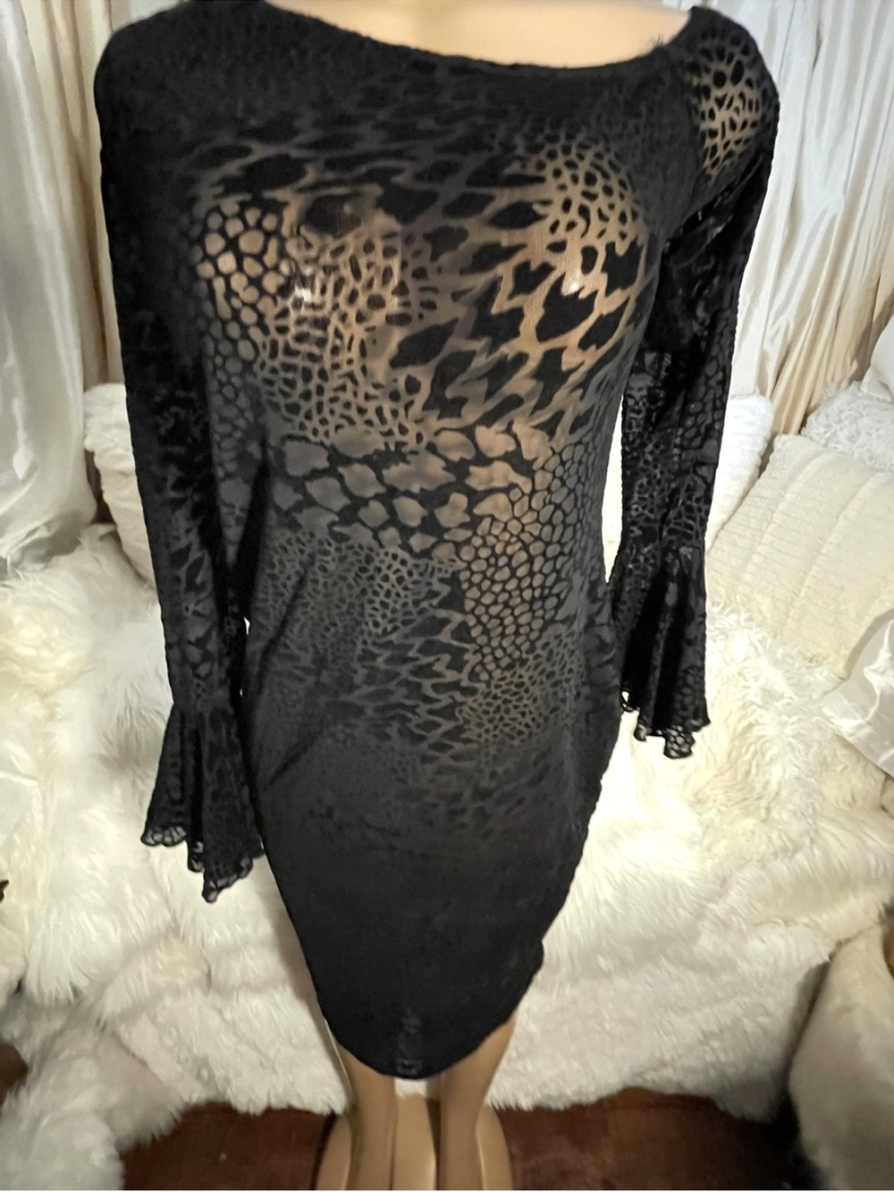 Sexy Black Sheer Animal-Print Bodycon Dress with Unique Asymmetrical Sleeves